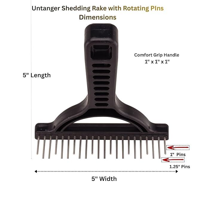 The Untangler Rakes for Grooming and Shedding -silky smooth rotating teeth to easily collect loose hair (Black, Shedding)