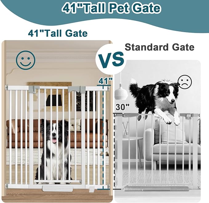41" Extra Tall Dog Gate Indoor,30-62.5" Wide Heavy Duty Pet Gate for Doorways,Baby Gate with Walk Through and Auto Close, Pressure Mounted, Suitable for Stairs,Kitchen,White