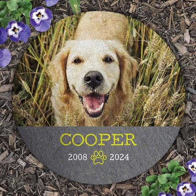 Personalized Pet Memorial Photo Slate Garden Stone, Round 10 Inch, Custom Dog or Cat Memorial Outdoor Décor