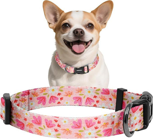 Kazazoo Dog Collar Cute and Soft Nylon Puppy Collar Girl, Adjustable Dog Collars for Small Medium Dogs, Pink Flowers-XS