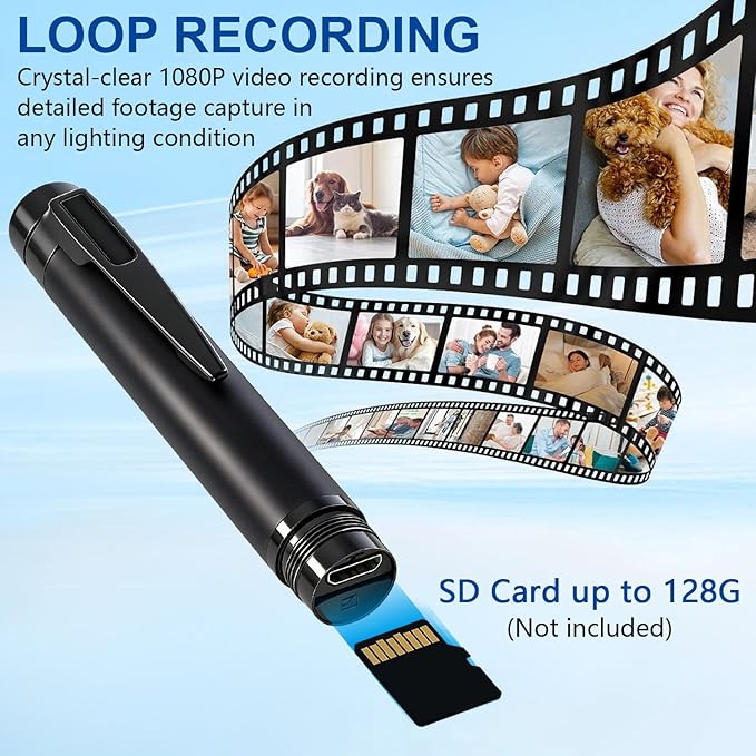 1080P HD Portable Pen Design Camera with Motion Activated Recording, Body Camera, No WiFi Needed, Black