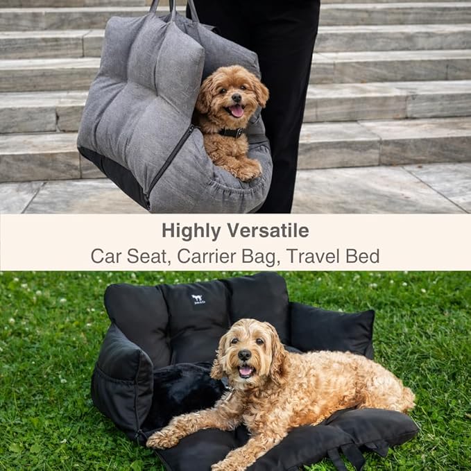 JACKO & CO - Premium Dog Car Seat v2 Booster Seat for Small & Medium Pets Under 25lbs - Machine Washable w Removable Cover, Water Resistant w Clip-On Leash for Front or Back Seat (Grey/Small (1-25lbs)