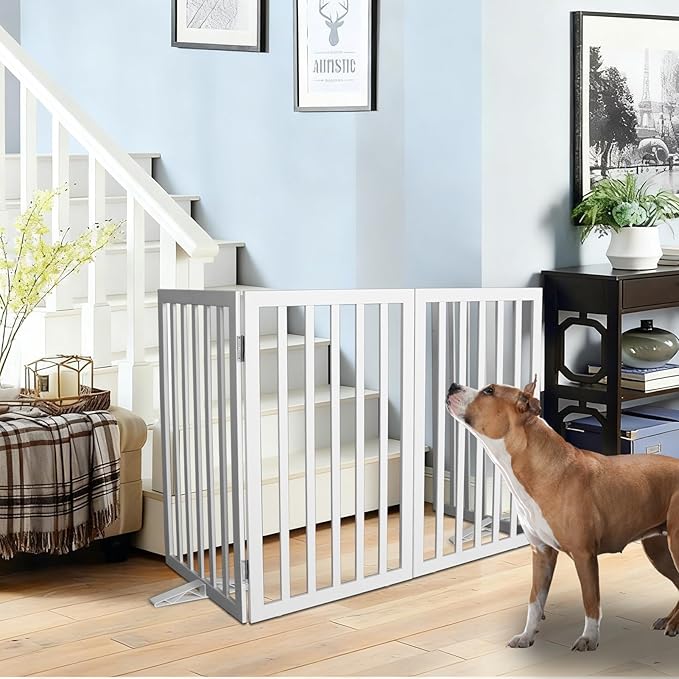 Dog Gate Indoor, Freestanding Dog Fence for The House, Doorways, Hallways,or Stairs,Pet Gate Foldable Wooden,Expandable 32" Height 2 Panels,White