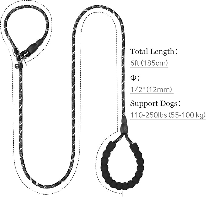 TagME Slip Leads for Dogs that Pull, 6 FT No-Pull Training Leash with Lock, Escape-Proof Design, Reflective & Padded Handle for Large Dogs, Black
