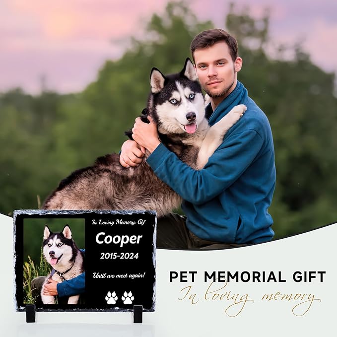 Pet Memorial Stones for Dogs, Dog Memorial Stone Outdoor, Pet Headstones for Dogs, Memorial Gifts for Loss of Dog, Custom Stone Picture Frame Plaque with Name/Text