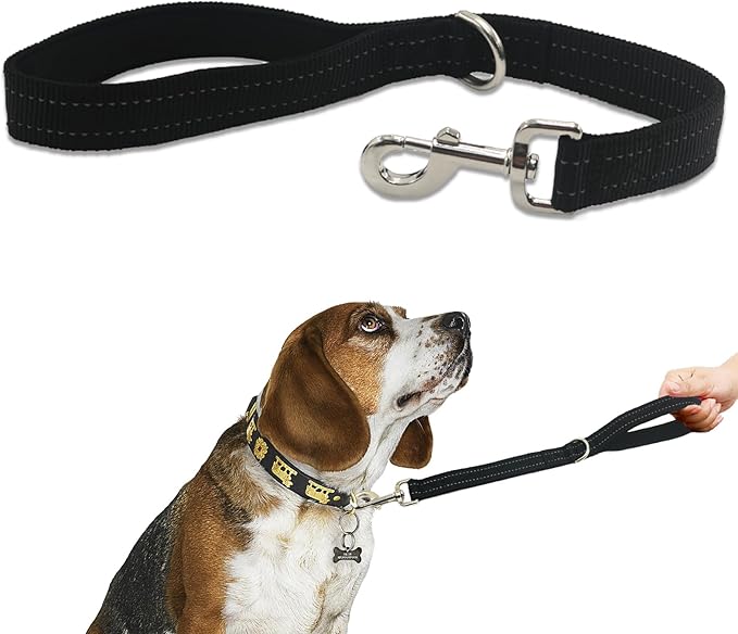 Thick Dual Padded Handle for Dog Training Control, 18 Inches Traffic Dog Leash Short with Reflective Stitching, Heavy Duty Short Hand for Small to Strong Sized Dogs Training Leash Black 1.5FT