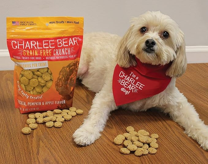 Charlee Bear Dog Training Treats for Small, Medium & Large Breeds, Crunchy Low Calorie Grain Free Dog Treats, USA Made, Chicken, Pumpkin & Apple, 3 Pack, 8oz Each