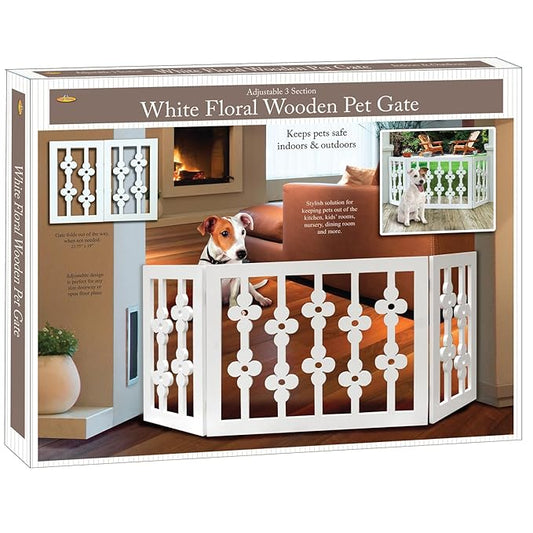 Etna White Floral Wooden Pet Gate - Freestanding Foldable Adjustable 3-Section Dog Gate. Extra Wide, Keeps Pets Safe Indoors/Outdoors - Fully Assembled