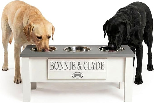 GTW Elevated 3 Bowl Dog Feeding Station - Customized Triple Stand for Large Dogs - Includes Storage & Stainless Steel Bowls (Large, Grey)