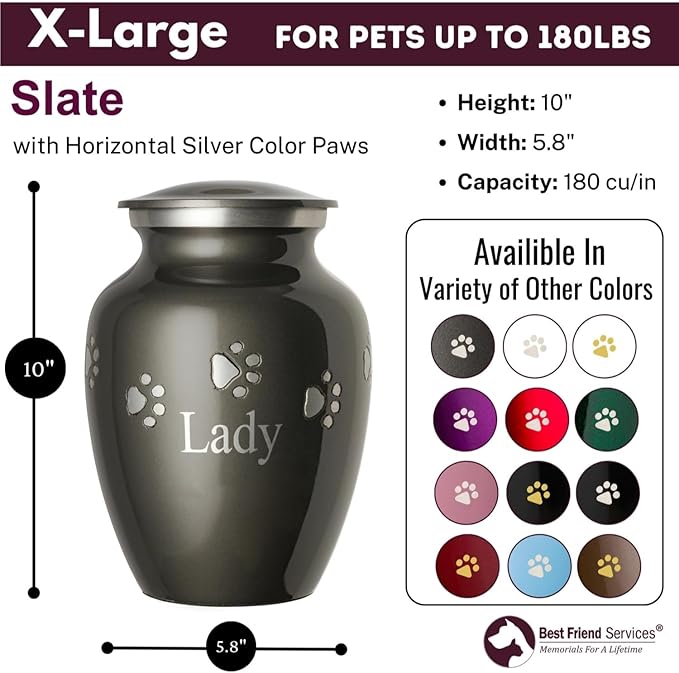 Ottillie Paws Premier Series Pet Urn for Dogs with Personalized Laser Engraving (X-Large - Pets up to 170 lbs, Slate with Horizontal Pewter Paws)