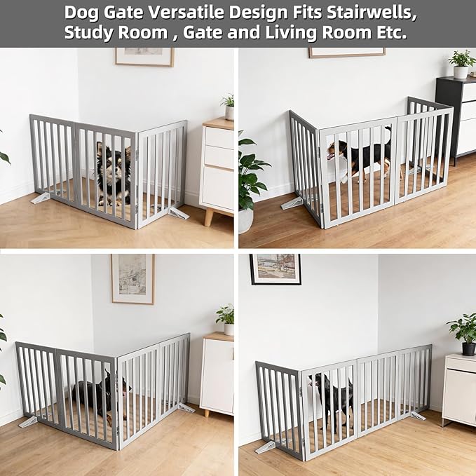 Dog Gate Indoor, Freestanding Dog Fence for The House, Doorways, Hallways,or Stairs,Pet Gate Foldable Wooden,Expandable 32" Height 3 Panels,Grey