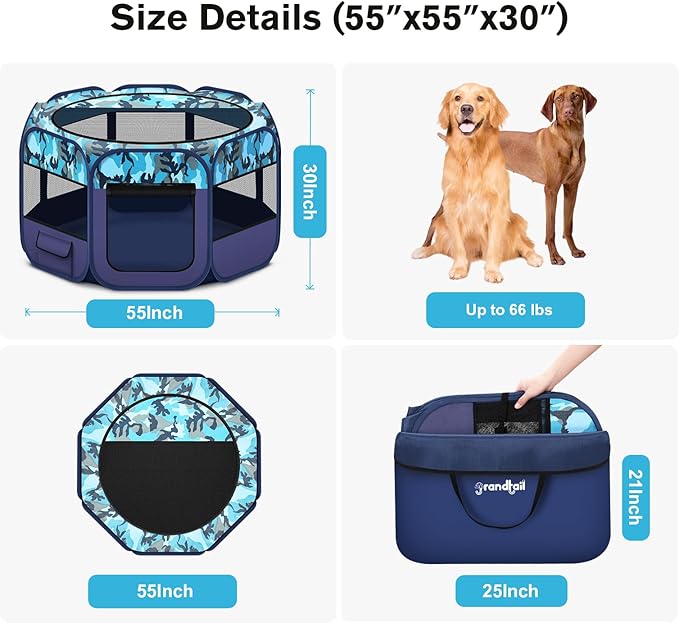 Dog Playpen, Pet Playpen, Portable Cat Playpen, Foldable Puppy Playpen Exercise Kennel Tent with Carry Case Collapsible Bowl,Water-Resistant Shade Cover for Indoor Outdoor Travel （Bule,Medium