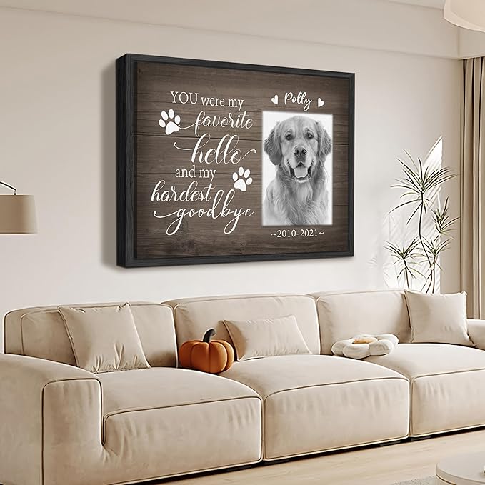 Custom Pet Memorial Gifts for Loss of Dog Cat, Personalized Pet Photo Canvas with Frame for Pet Dog Cat Lovers, Wall Art Home Decor with Name and Text, Customized Pet Loss Sympathy Gifts