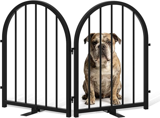 Full Metal Dog Gate for Indoor Outdoor, 24" Tall Free Standing Pet Dog Fence, 36" Wide Arched Pet Gates for Stairs, Hallways, Doorways, Kitchen, Decks, Yards (Black, 2 Panels)