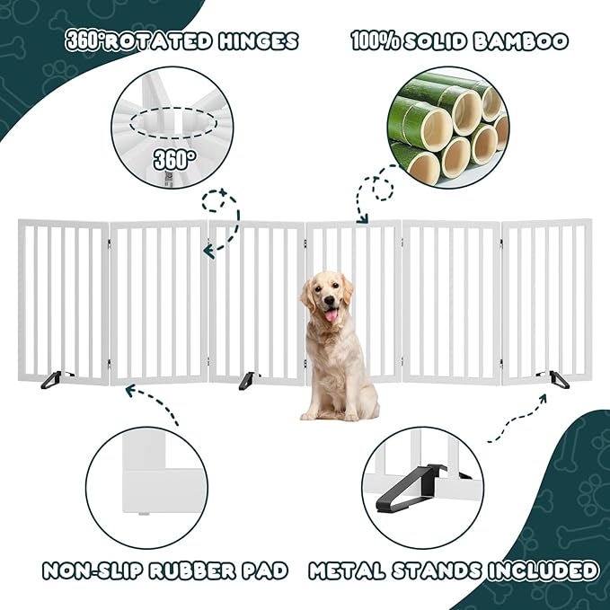 Freestanding Extra Wide Dog Gate Indoor, 6-Panel Wooden Pet Gate with 2 Metal Stands and 360°Hinge, Tall Dog Gates for Doorways, Stairs, Doorways, Kitchen, Foldable Safety Fence, 110"W x 32"H - White