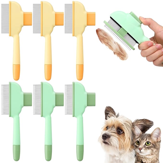 Meanplan 6 Pcs Pet Hair Removal Comb Flea Comb for Cats Dogs One Click Self Cleaning Grooming Brush Bulk Dogs Long Short Stainless Steel Teeth for Shedding Massaging Cleaning Pet Hair (2 Style)