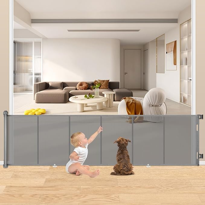 34X100” Extra Wide Retractable Baby Gate, Extra Wide Safety Kids or Pets Gate, 34” Tall, Extends to 100” Extra Wide, Mesh Safety Dog Gate for Stairs, Indoor, Outdoor, Doorways, Hallways
