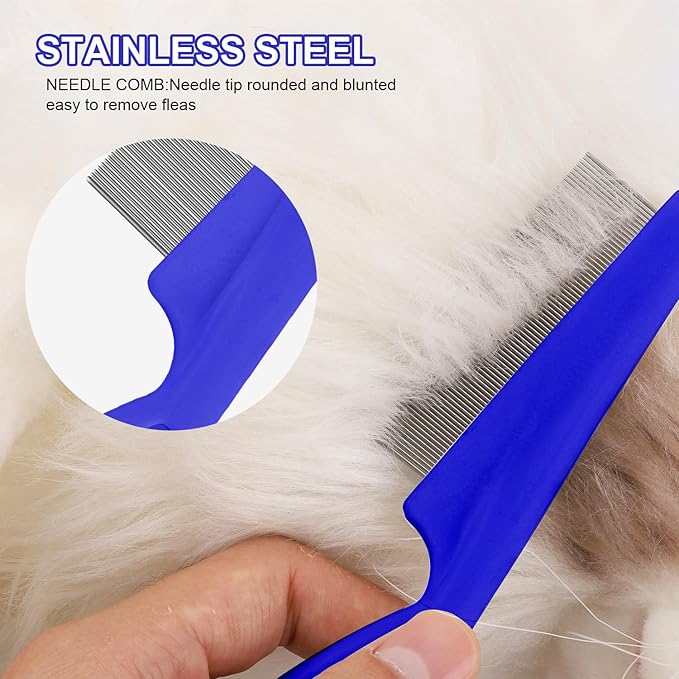Pet Hair Comb, 2 in 1 Multifunctional Pet Hair Comb for Grooming and Dehairing, Flea and Tear Stain Removal, Stainless Steel and ABS Material, Pack of 2, Blue