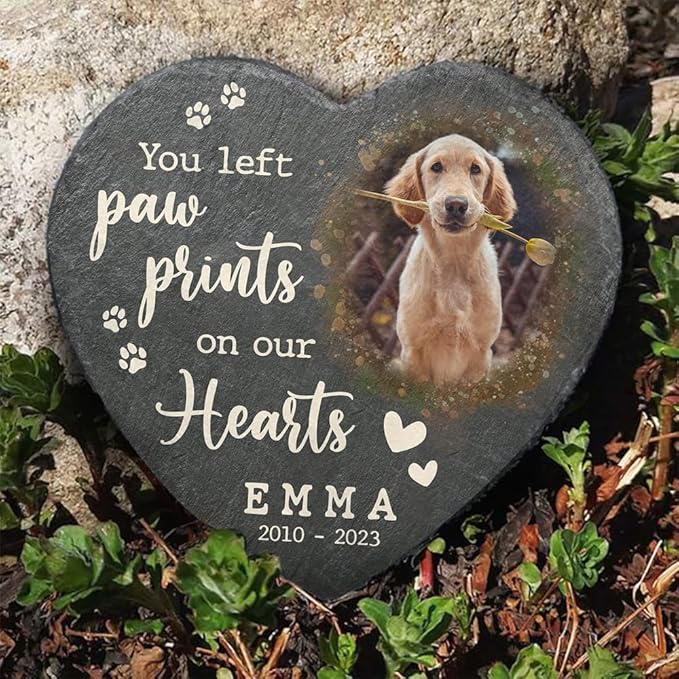 Sympathy Pet Bereavement Heart Shaped Stone with Dog Paw Print, Custom Plaque to Decor for Cemetery, Memorialize Your Furry Loved Ones, Thoughtful Gifts for Cat Lovers at The Loss