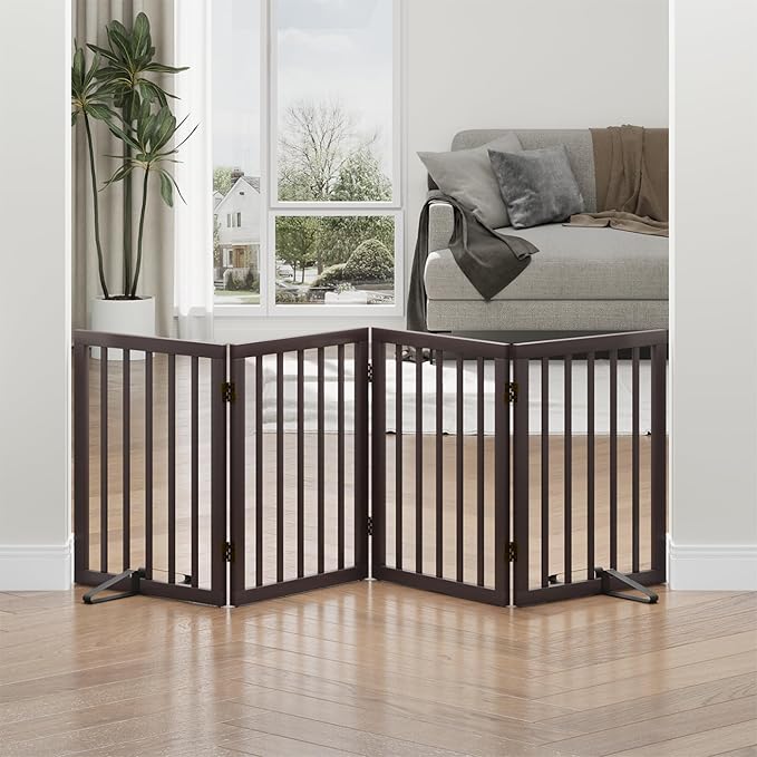 Dog Gates for Doorways, Foldable Dog Gate Indoor, Freestanding Pet Gates for Doorways Bedroom, Puppy Gate with Metal Support Feet, Room Divider 4 Panels (Brown)