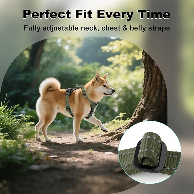 Plutus Pet Adjustable No Pull Dog Harness with Leather Accents, Heavy Duty Reflective Nylon Vest for Training, Hiking, Easy Walk Harness for Small, Medium, Large Dogs (Ranger Green, XL)