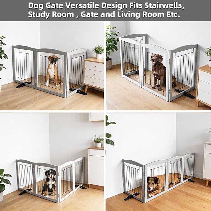 Dog Fence Indoor,Dog Gate Indoor for Doorway pet gate -3-Panel Freestanding, Hallways, House or Stairs -60x32-Inch Retractable Foldable Expandable Wood Pet by SFJC (Grey) ﻿