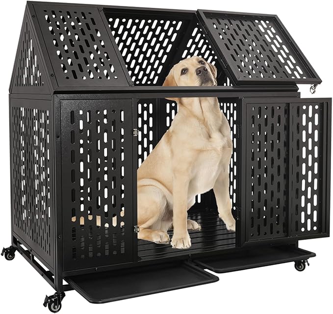 44 inch Indestructible Heavy Duty Dog Crate, Escape-Proof Indoor Impact Dog Cage for Large Medium Dogs, High Anxiety Pet Kennel with 2 Trays, 4 Wheels, 4 Locks and Double Door, XL
