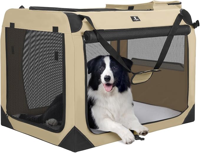 X-ZONE PET Dog Crate 3-Door Kennel, Collapsible Portable Soft Sided Pet Carriers for Indoor & Outdoor, Multiple (32-Inch, Rice White)