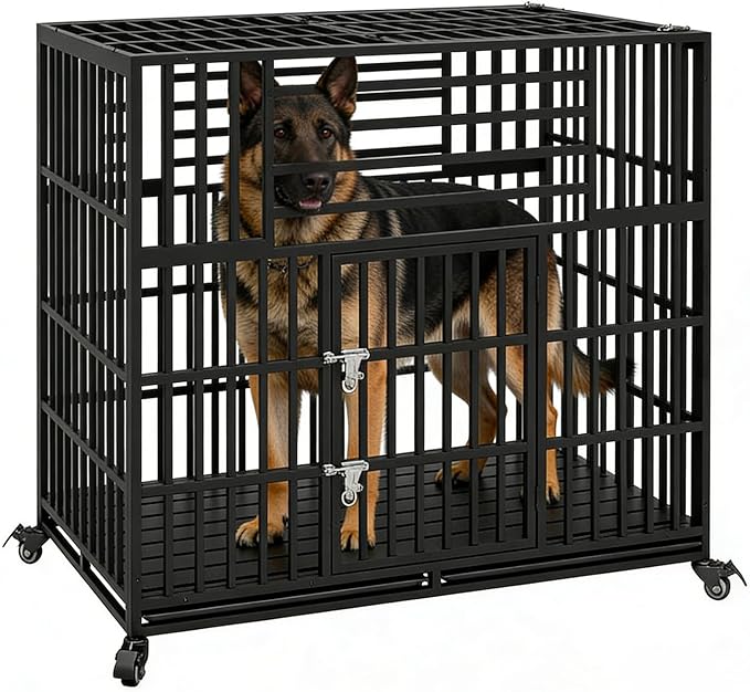 56'' Indestructible Heavy Duty Dog Crate, Extra Large Pet Cage Escape-Proof Strong Steel Impact for High Anxiety Giant Dogs, Sound Proof Chewproof Kennel Double Doors with Wheels and Trays, XXL