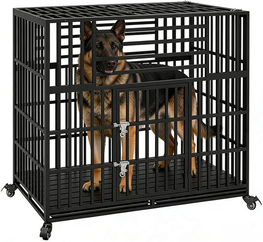 56'' Indestructible Heavy Duty Dog Crate, Extra Large Pet Cage Escape-Proof Strong Steel Impact for High Anxiety Giant Dogs, Sound Proof Chewproof Kennel Double Doors with Wheels and Trays, XXL
