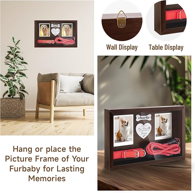 Dog Memorial Gifts for Loss of Dog, Pet Memorial Dog Picture Frame 13" Wooden Shadow Box Display with Collar & Leasd Holder, Sympathy Gift for Loss of Dog/Cat, Wall Hanging & Tabletop(Brown)