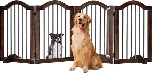 PrimeZone 96" Wide Dog Gate with Door - 30" Tall 4-Panel Solid Acacia Wooden Freestanding Puppy Gates, Foldable Indoor Pet Fence for Doorways, Stairs, Support Feet Included, Brown