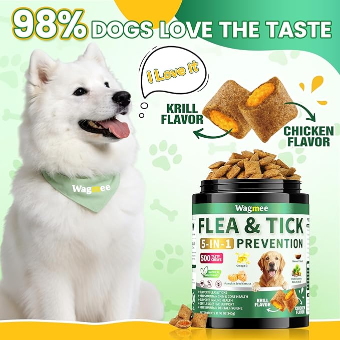 Flea and Tick Prevention for Dogs Chews – 500 Tasty Chicken Flavor Soft Chews, with Pumpkin Seed Extract, Fish Oil, and Vitamins for Dogs, Puppies, All Breeds & Ages.
