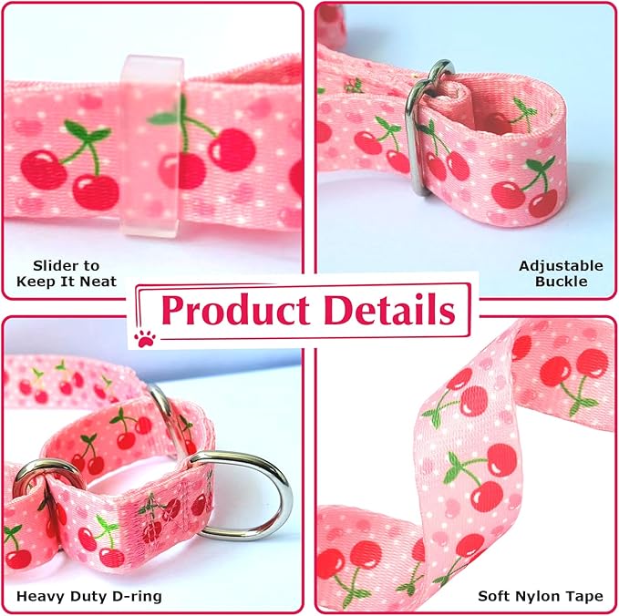 Martingale Dog Collar for Small Medium Large Pet Dogs- Pink Cherry No-Slip Escape Proof Choke No Pull Fruit Dog Collar for Male and Female Dogs Training & Walking L