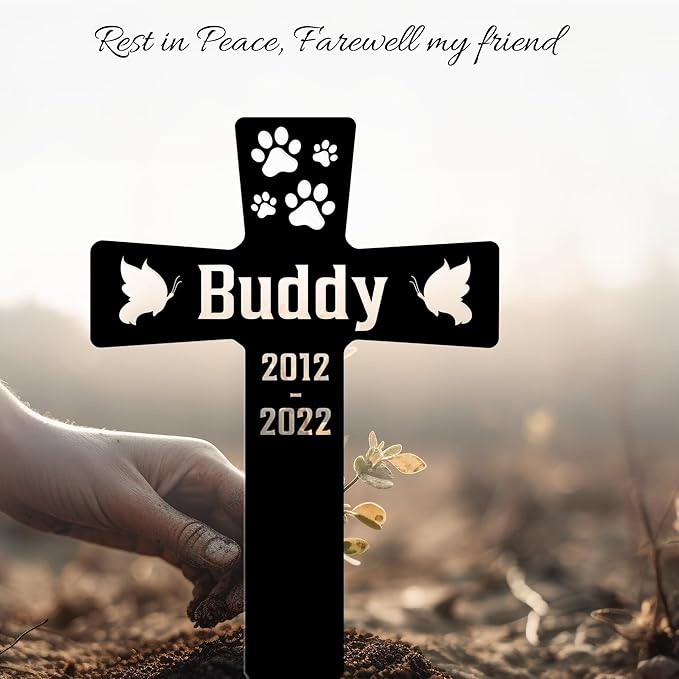 Custom Pet Paws Dog Memorial Cross Grave Marker, Personalized Pet Metal Memorial Stake for Cemetery Yard, Sympathy Grave Marker for Dog with Paws, Memorial Plaque Cemetery Garden Stake