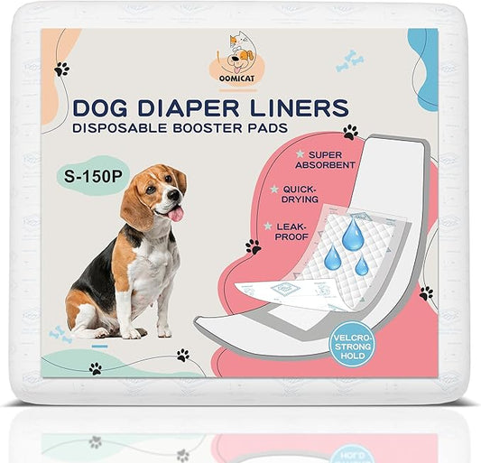 Dog Diapers Liners, 150 Ct, Super Absorbent Booster Pads for Male Dog Wraps and Female Dog Diapers, Lnnovative Hook-and-Loop Tape Design, Super-fit & No Shifting, Small Dog Diaper Pads