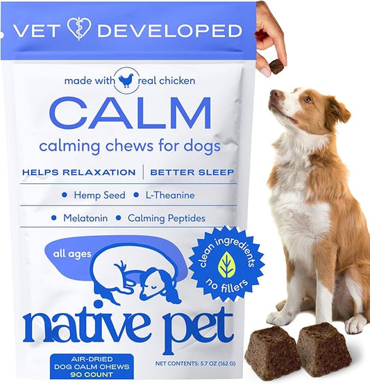 Native Pet Calming Chews for Dogs Large Breed - Promotes Calming Effect, Supports Emotional Balance & Reduces Hyperactivity - Hemp Seed, Melatonin for Dogs, L-Theanine & Casein - 30 Days Supply