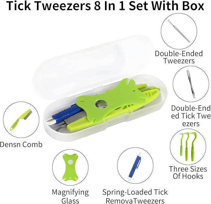 Tick Removal Tool 8 in 1 with Storage Box, Flea Comb, Magnifying Glass, Tick Tweezers, Dog Tick Remover Tool Tick Removal Kit Tick Removal Tool for Dogs Cats Pet Tick Comb