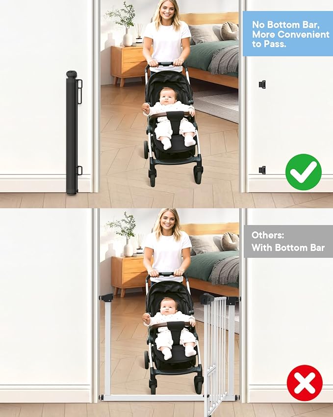 Retractable Baby Gate - 55" Wide Mesh Pet Gate with Anti-Crawling Hook, Safety Lock, One-Hand Operation, 34" Tall Baby Gate for Stairs, Doorways, Hallways, Garage, Indoor Outdoor, Black