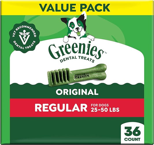 Greenies Veterinarian-Recommended Adult Natural Dental Dog Treats Regular Size, Dog Dental Chews, Original Flavor, 36 oz. Pack, 36 Count