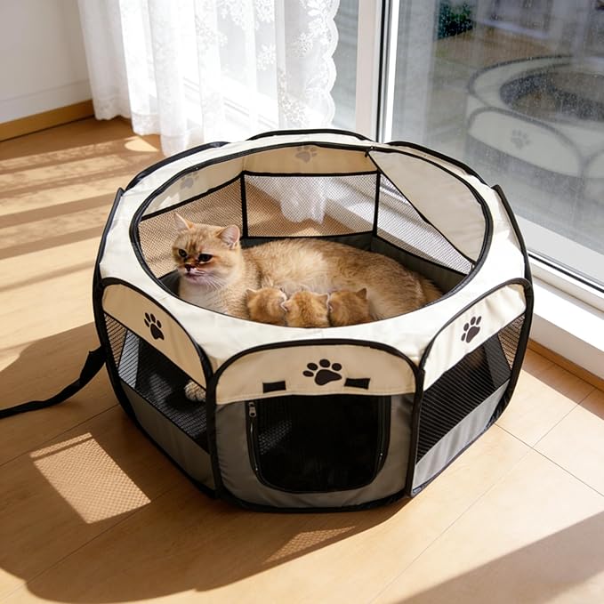 Cat Dog Playpen, Puppy Pet Playpen Indoor for Small Dog Crate Tent Cage Outdoor, Portable Pop Up Dogs Enclosure Kennel with Carrying Case for Dogs/Cats/Rabbits Grey.