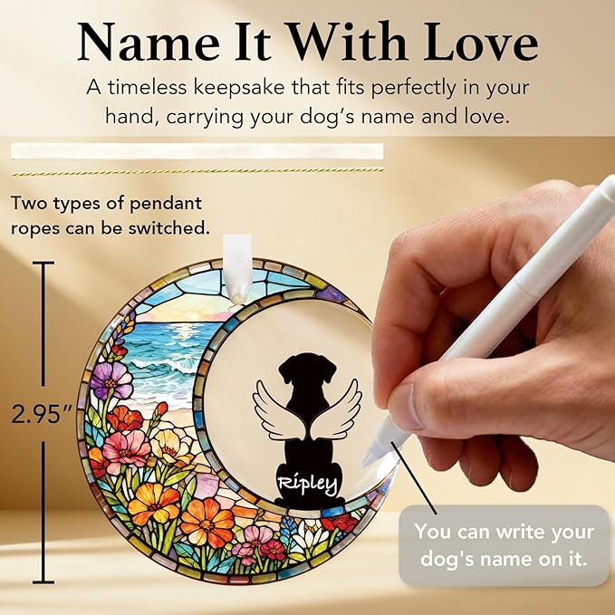 Glass Dog Memorial Ornament 3" - Personalized Pet Loss Suncatcher Keepsake with Gift Box, Remembrance Ornament for Christmas, Christmas Stocking Stuffer Sympathy Decoration for Pet Lovers (Sea)