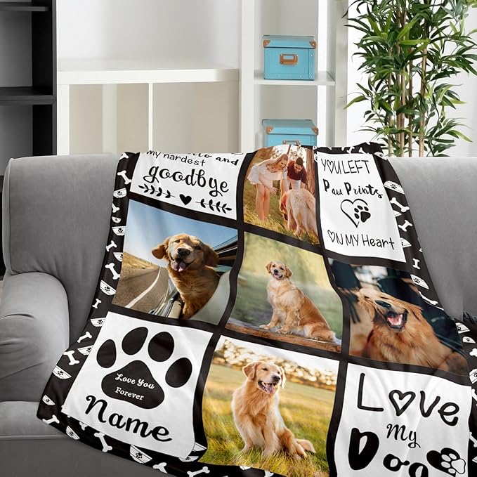Generic Personalized Pet Memorial Throw Blanket, Custom Dog Photo & Name, Customized Pet Memorial Gifts, Black, Queen Size