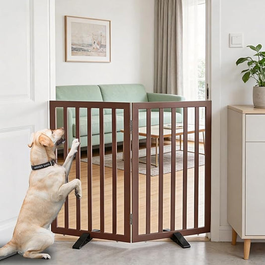 ZJSF Freestanding Indoor Dog Gate for House Foldable Wood Puppy Gate for Doorways Pet Gate for Stairs Extra Wide Pet Fence, Brown, 32" Height 2 Panels