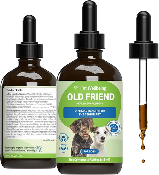 Pet Wellbeing Old Friend for Senior Dogs & Cats- Supports Immune System Health, Joint Mobility, Healthy Energy Levels, Alfalfa, Reishi - Veterinarian-Formulated Herbal Supplement 4 oz (118 ml)