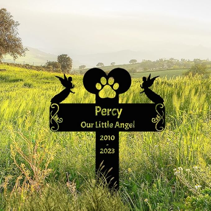 Custom Dog Cat Pet Grave Marker Metal Pet Memorial Stake with Angels, Personalized Paw Memorial Garden Stake Plaque, Remembrance Cross Pet Memorial Gifts Cemetery Yard Grave Decor