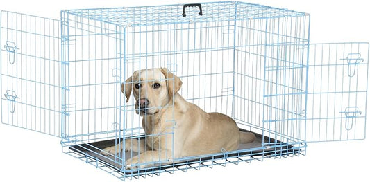 Dog Crate, Wire Kennel with Divider Panel, Metal Cages with Double Door, Leak-Proof Pan Tray, Folding Portable Pet Dog Cage for Indoor Outdoor Travel (Blue, 48")