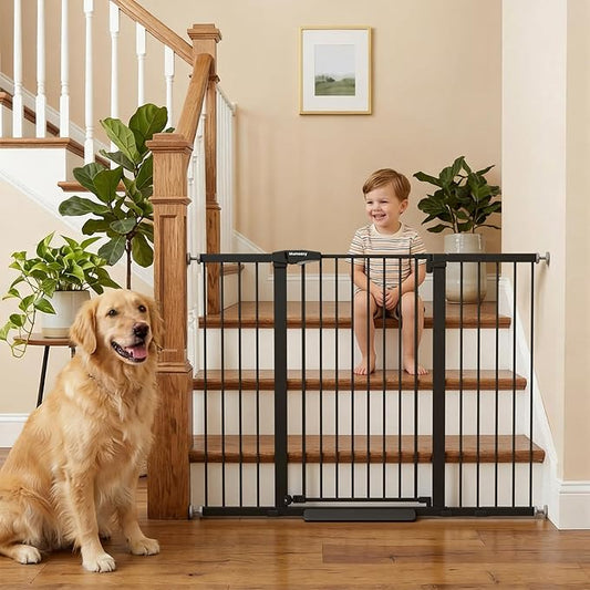 Mumeasy 29.7-57" Extra Wide Baby Gate, Auto Close Large Dog Gate for Doorways, No Drilling Pressure Mounted Pet Safety Gate for Stairs, Easy Walk Through Child Gate for Hallways, House, Indoor, Black