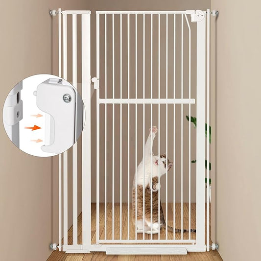 59” Extra Tall Pet Gate, Durable Metal Cat Gate with Double Safety Lock & Walk Thru Door - Self Closing/Stay Open/Open Both Ways, Pressure Mounted Dog Gate for Indoor Stairs, Doorways, Hallways