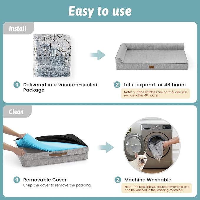 Cooling Dog Bed, Orthopedic Foam Dog Bed with Sides, Removable Cover & Waterproof Lining and Nonskid Bottom, Comfortable Pet Beds for Dogs, Grey (36" L x 27" W x 6.5" Th)